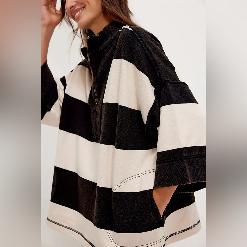 New Free People We The Free Seaside Funnel Pullover Sweatshirt Black/Cream XL - Picture 2 of 6